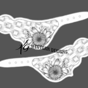 May include: A pair of black and white leather boot straps with a sunflower design and a woven pattern. The straps have four holes each for stitching.