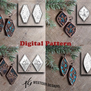 May include: Digital pattern for leather earrings. The pattern includes four different designs: a floral design with turquoise accents, a sunflower design, a floral design with a turquoise accent, and a swirl design. The patterns are shown on a wooden background.