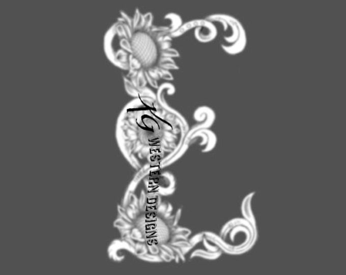 Letter E - Leather Tooling- Feathers-Vines & Sunflowers Filigree Tracing Design Pattern