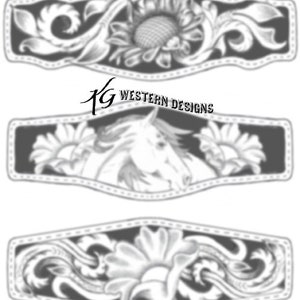 May include: Three black and white western style belt buckles with intricate floral designs. The top buckle features a sunflower, the middle buckle features a horse head, and the bottom buckle features a stylized flower.