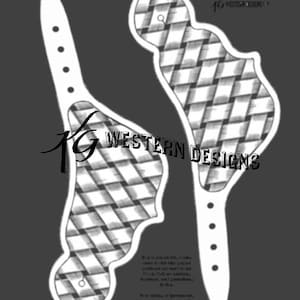 May include: Black and white illustration of two leathercraft patterns. The patterns feature a diamond-shaped design and are labeled "Western Designs." One pattern has a strap with holes, and the other has a curved shape.