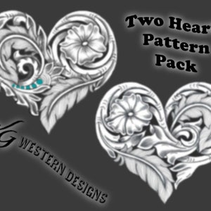May include: Two heart-shaped patterns with intricate floral designs. The patterns are in a silver colour and have a detailed, ornate style. The text "Two Hearts Pattern Pack" is displayed above the patterns.