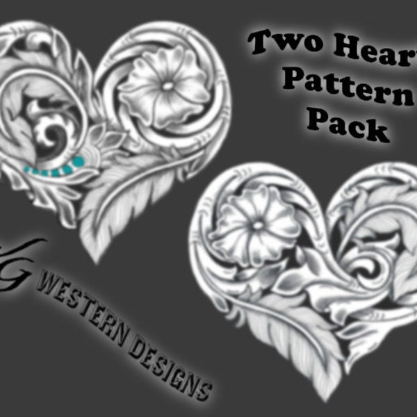 Pack of Two Filigree Heart Shape Designs Floral Feathers Carving Leather Tooling Tracing Pattern