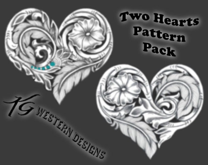 Pack of Two Filigree Heart Shape Designs Floral Feathers Carving Leather Tooling Tracing Pattern