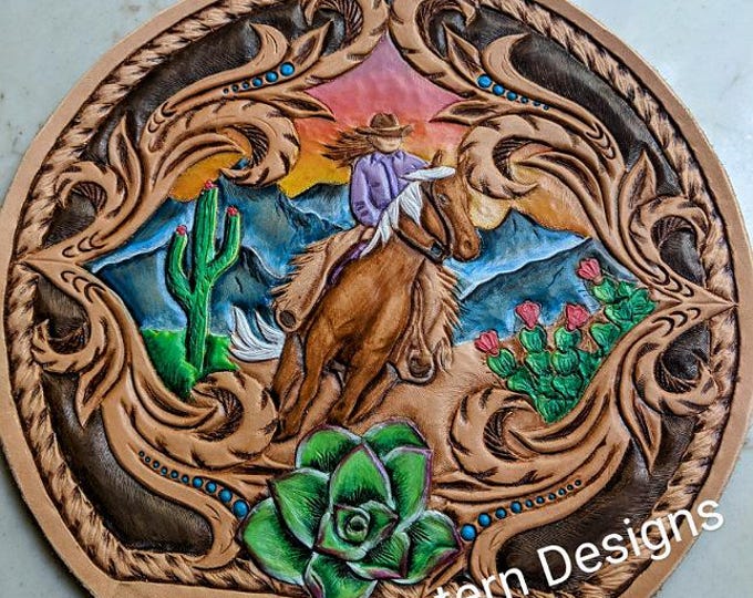 Desert Cactus Mountain Scene-Sunset/Sunset- Cowgirl & Horse - Western Scrollwork Carving Tooling Tracing Design Pattern PDF