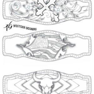 May include: Three black and white line drawings of western-themed belt buckles. The first buckle features a cross with floral accents. The second buckle features a stylised American flag. The third buckle features a bull skull with a geometric pattern.