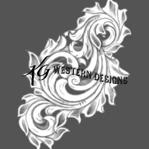 May include: A white, intricate, floral design with a stylised swirl. The design is reminiscent of a scroll or a decorative flourish. The text "KG WESTERN DESIGNS" is visible at the bottom of the design.
