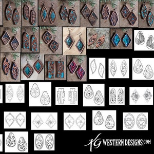 May include: A collection of 24 leather earring designs, including floral, geometric, and abstract patterns. The designs are shown in both finished and unfinished states, with the unfinished designs being black and white line drawings. The text "KG WESTERN DESIGNS.COM" is visible in the bottom right corner of the image.