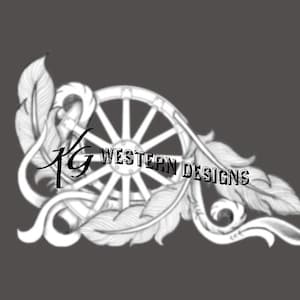 May include: Black and white illustration of a wagon wheel with feathers and a stylized 'KG WESTERN DESIGNS' logo.