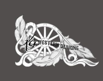 Western Wagon Wheel & Feathers- Leather Tooling Design Carving Tracing Pattern