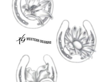 Leather Tooling Elements- 3 Horse-Shoe and Flowers Daisy Lillys Leather Tooling Tracing Pattern Pack