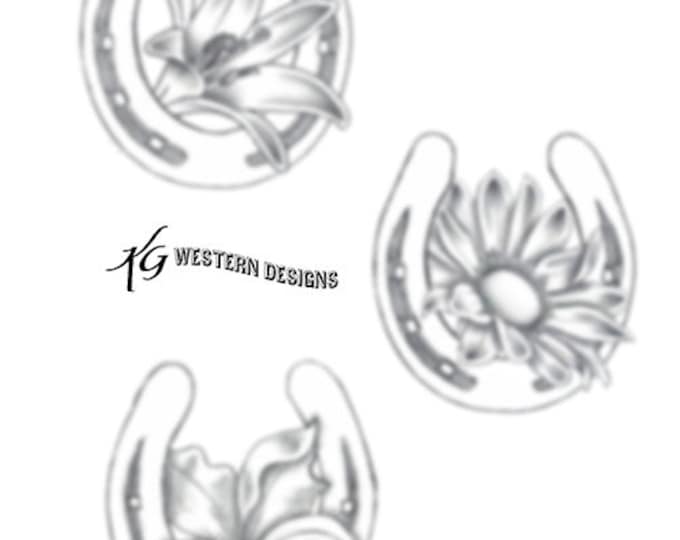 Leather Tooling Elements- 3 Horse-Shoe and Flowers Daisy Lillys Leather Tooling Tracing Pattern Pack