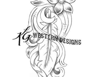 Feather Intwined In Vines Leather Tooling Tracing Design PDF Pattern