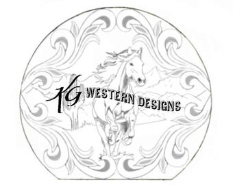 Southwest Desert Mountain Running Horse Scene - Western Scrollwork Carving Tracing Design Pattern