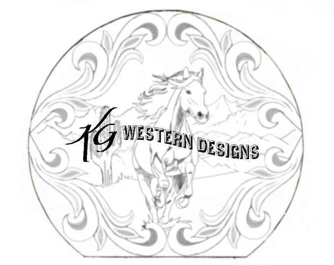 Southwest Desert Mountain Running Horse Scene - Western Scrollwork Carving Tracing Design Pattern