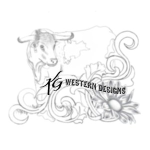 May include: Black and white line art illustration of a steer with a floral design and the text "KG Western Designs".