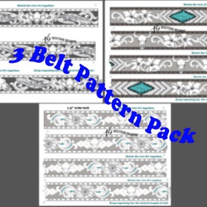 May include: Three printable belt patterns featuring a skull, floral, and geometric design. Each pattern is repeated across the page for easy tracing.  The text "3 Belt Pattern Pack" is in blue text on a white background.