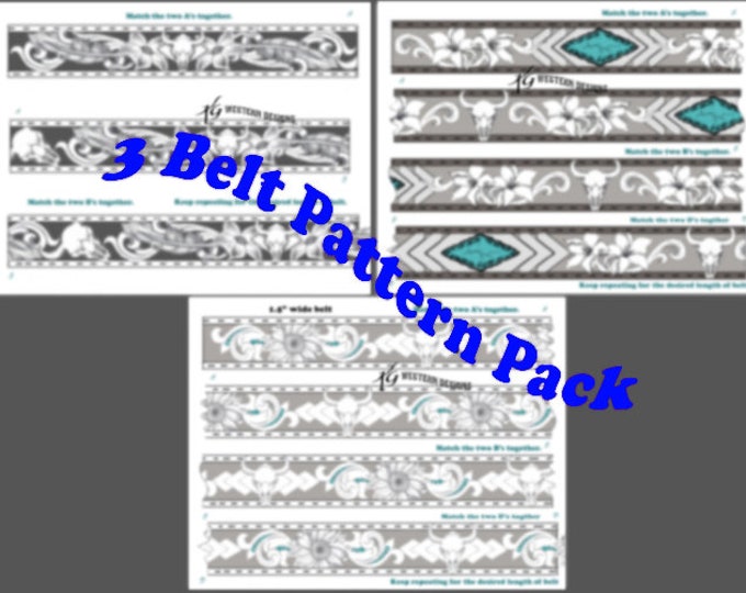 3 Leather Tooling Patterns- PDF Pack- Western Tooling, Cowskull with Floral, Turquoise Stone, Aztec, Belt Pattern Designs Download