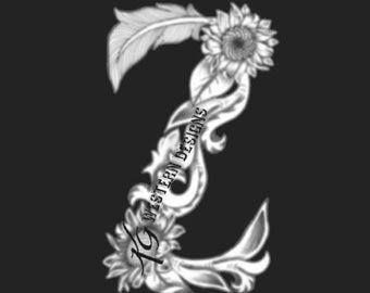 Letter Z- Leather Tooling- Feathers-Vines & Sunflowers Filigree Tracing Design PDF Pattern