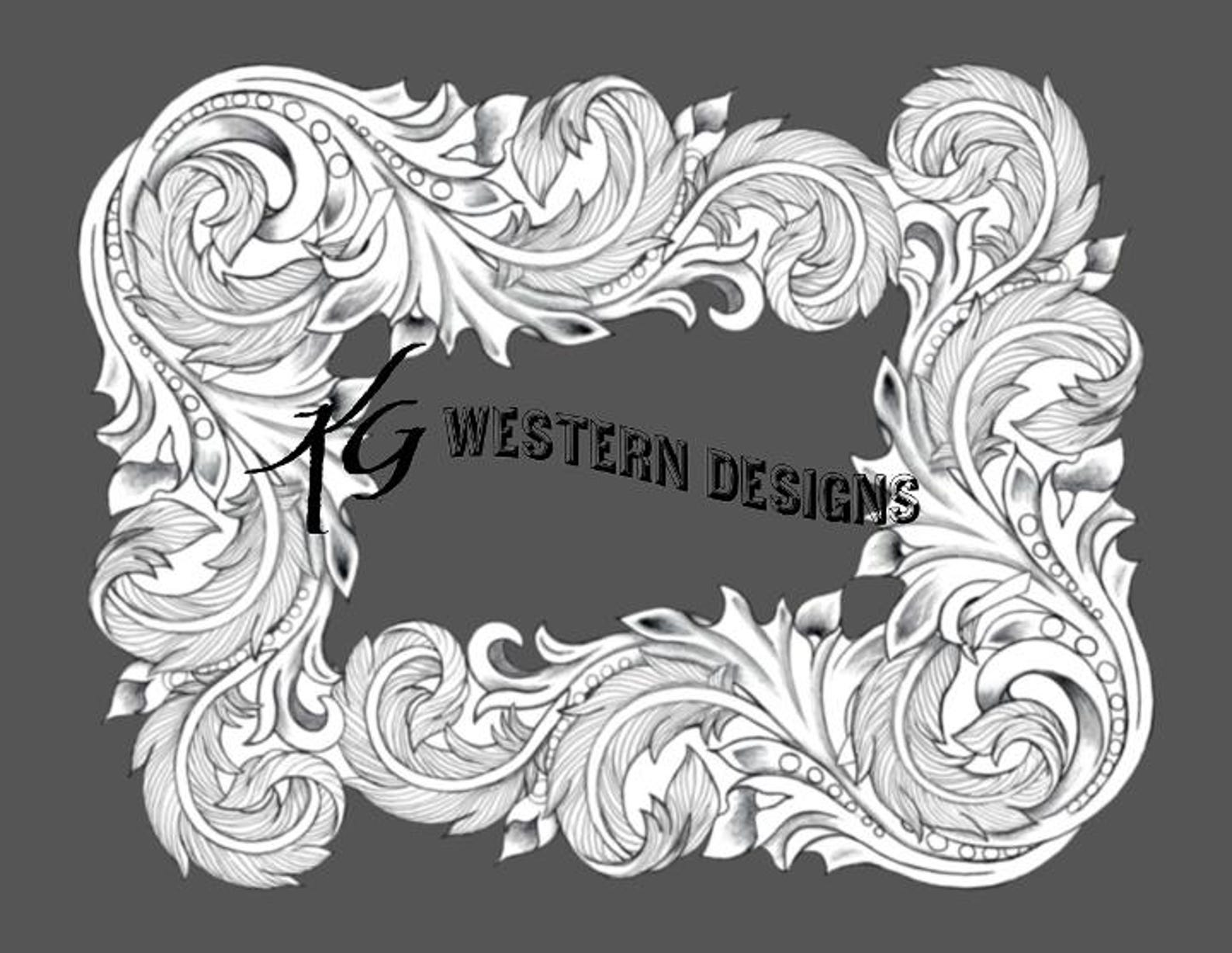Feather Trace Pattern Leather Tooling Pattern Western Feathers and Vines, Corner Frame Design ...