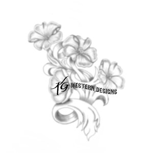 May include: A black and white line drawing of a floral design with three flowers and a ribbon. The ribbon has the text "Western Designs" on it.