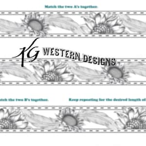 May include: A white design featuring sunflowers and feathers, with the text "KG WESTERN DESIGNS". The pattern repeats, with instructions to match the A's and B's together to create a belt.