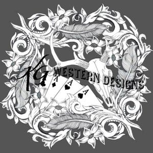 May include: Black and white Western Designs graphic with a deer skull, feathers, playing cards, and floral elements. The text "Western Designs" is displayed across the image.