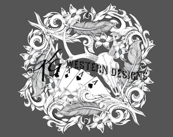 Leather Tooling Design, Playing Cards, Elkskull, Tracing Frame Border, Carving PDF Pattern