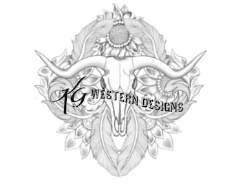 Leather Tooling Western Longhorn Cow Skull Feathers Vines Tracing Design Pattern Template