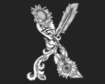 Letter X- Leather Tooling- Feathers-Vines & Sunflowers Filigree Tracing Design PDF Pattern