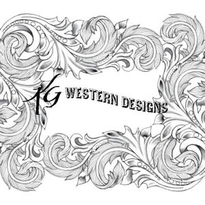 May include: Black and white illustration of a decorative frame with a floral design. The frame features intricate scrollwork and leaf patterns. The text "KG WESTERN DESIGNS" is displayed within the frame.
