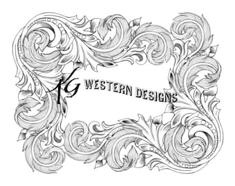 Leather Tooling Pattern Western Feathers and Vines, Corner Frame Design Carving Tracing PDF Pattern