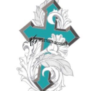 May include: A teal blue cross with a silver outline is surrounded by a decorative floral design. The cross is centred in the image and the floral design is in shades of grey. The text "Western Designs" is visible below the cross.