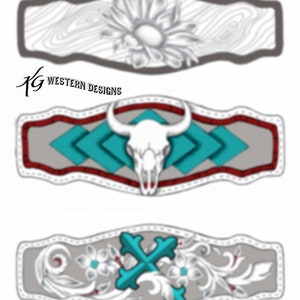 May include: Three different designs for a silver belt buckle. The first buckle features a white flower with a grey background. The second buckle features a turquoise and red design with a white skull in the centre. The third buckle features a turquoise cross with a silver floral design.