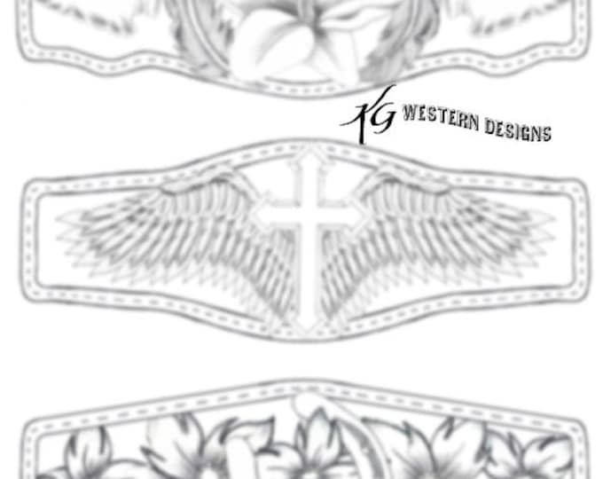 Leather Bracelet/Cuff Tooling Pattern Pack #11 Angel Wings, Cross, Feathers, Lilly, Horseshoe, Flowers