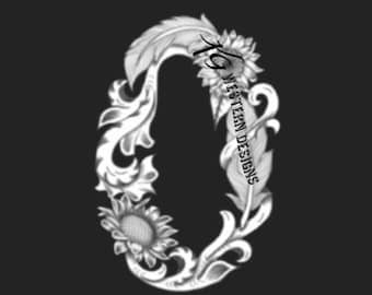 Letter O - Leather Tooling- Feathers-Vines & Sunflowers Filigree Tracing Design PDF Pattern