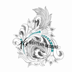 May include: A black and white illustration of a stylised floral design with turquoise accents. The design includes the text "KG WESTERN DESIGNS".