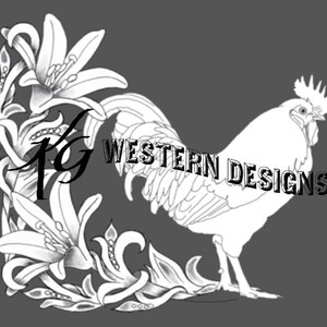 May include: Black and white illustration of a rooster with floral accents and the text "Western Designs." The rooster is depicted in profile, with detailed feathers and a prominent comb. The floral elements frame the rooster.