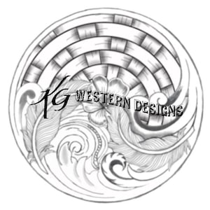 Könnte beinhalten: Schwarzweißes Line-Art-Design einer stilisierten Welle mit einer Feder und einer Blume. Das Design befindet sich in einem Kreis mit dem Text "KG WESTERN DESIGNS" in der Mitte.
