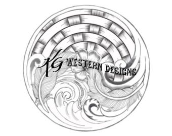 Round Purse-Rope Can- Large Circular Basket Weave - Western Scrollwork and Feathers Carving Tracing Design Pattern