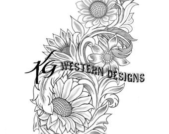 Sunflowers & Feathers Leather Tooling Tracing Design PDF Pattern