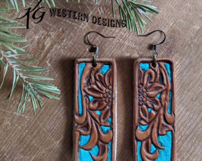 Hand Tooled--Leather Carved--Sunflower Vines Earrings