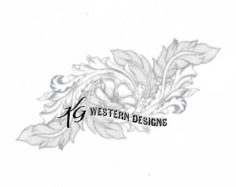 Leather Tooling Design Drawing LewisFlax Flower Center Feathers-Scroll-Vines Tracing Pattern