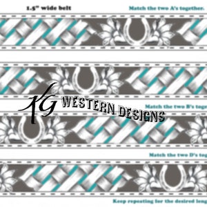 May include: A close-up of a pattern for a 1.5 inch wide belt. The pattern features a woven design with a horseshoe and floral accents. The instructions indicate to match the two A's together, then the two B's together, and finally the two D's together. The text also states to keep repeating the pattern for the desired length of the belt.