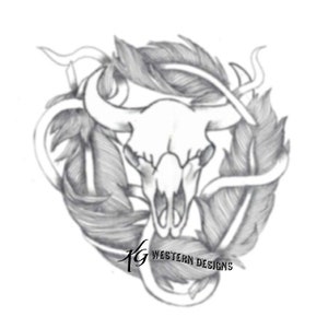 Feathers-Western-Cowskull Leather Tooling Tracing Pattern Design