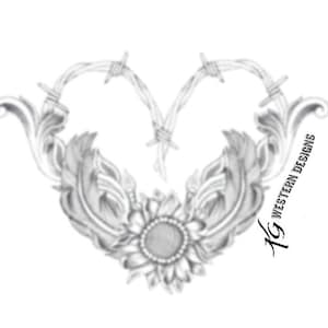 May include: A detailed black and white illustration of a heart-shaped design. The top of the heart is formed by barbed wire, while the bottom features a sunflower and ornate leaves. The text "KG WESTERN DESIGNS" is visible.