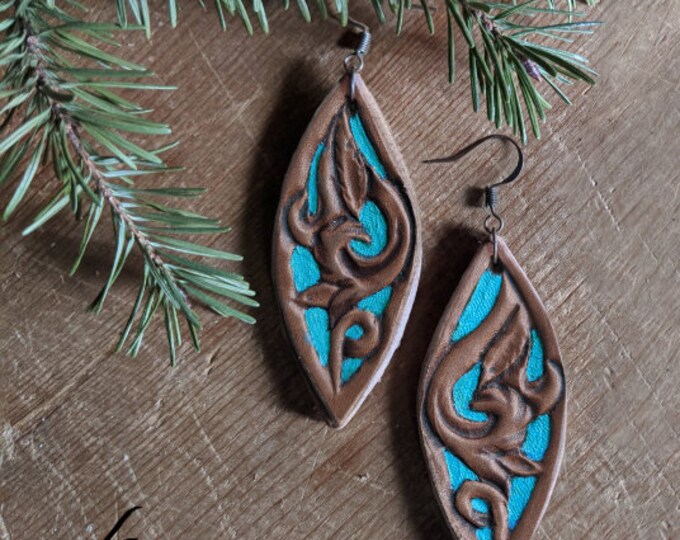 Hand Tooled Leather Carved Scrollwork Turquoise Earrings