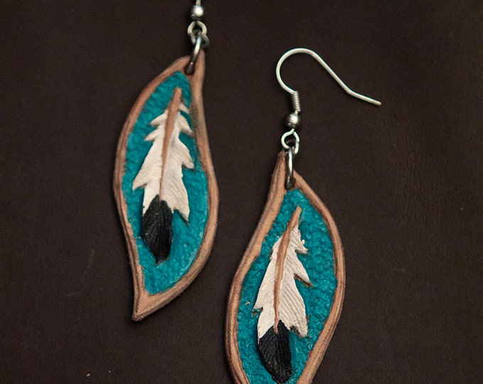 Lightweight Leather Tooled Carved Eagle Feather Earrings