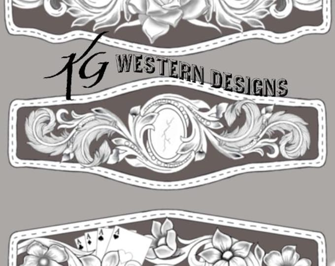 Playingcards, Feathers, Flowers, Turquoise Stone, Leather Bracelet Cuff Tooling Pattern Pack