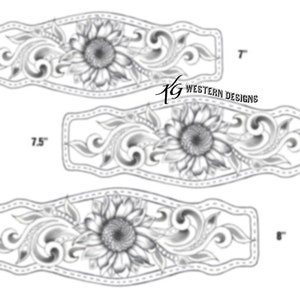 May include: A black and white line drawing of a sunflower design with swirls and leaves. The design is shown in three sizes: 1 inch, 1.5 inches, and 1.75 inches. The text "Western Designs" is included in the image.